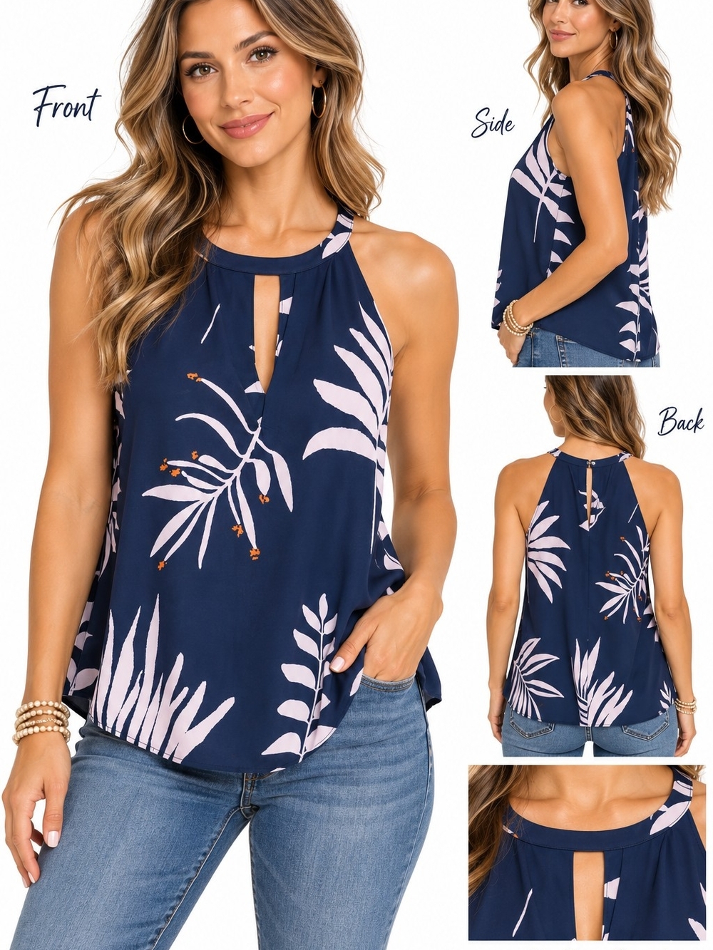 Violet & Claire Navy Floral Halter Camisole with Pink Leaf Print Medium